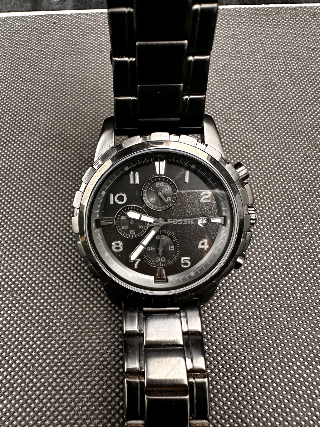 Fossil Black Stainless Steel Chronograph Watch With Silver Caseback